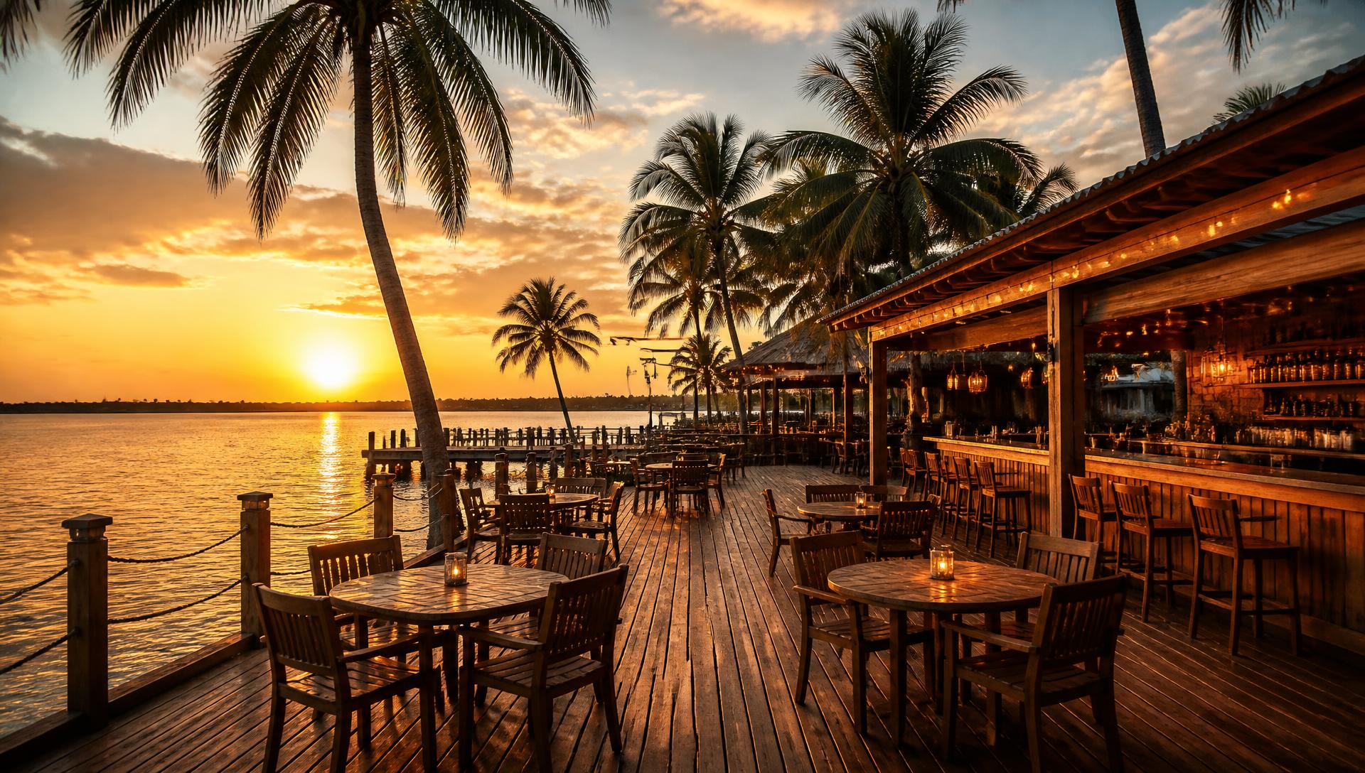 Waterfront deck at Bayside Bar & Grill at sunset